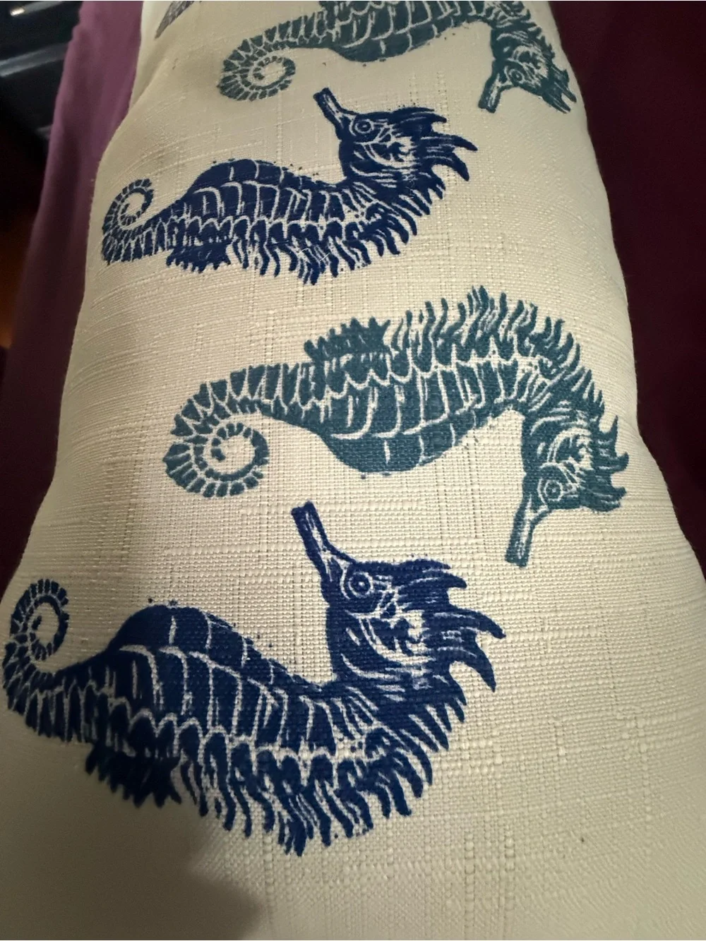Coastal Seahorse Lumbar Pillow in Navy on Cream 19”x11”